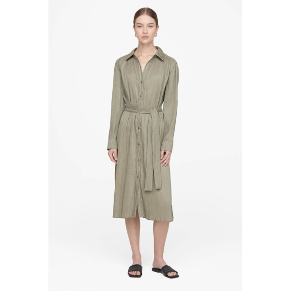 Anine Bing Alma Pleated Shirt Midi Dress Size Small Belted Green Khaki Modern